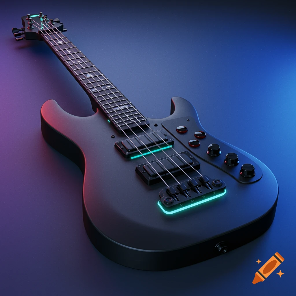 A black bass guitar with glowing green accents against a dark background.