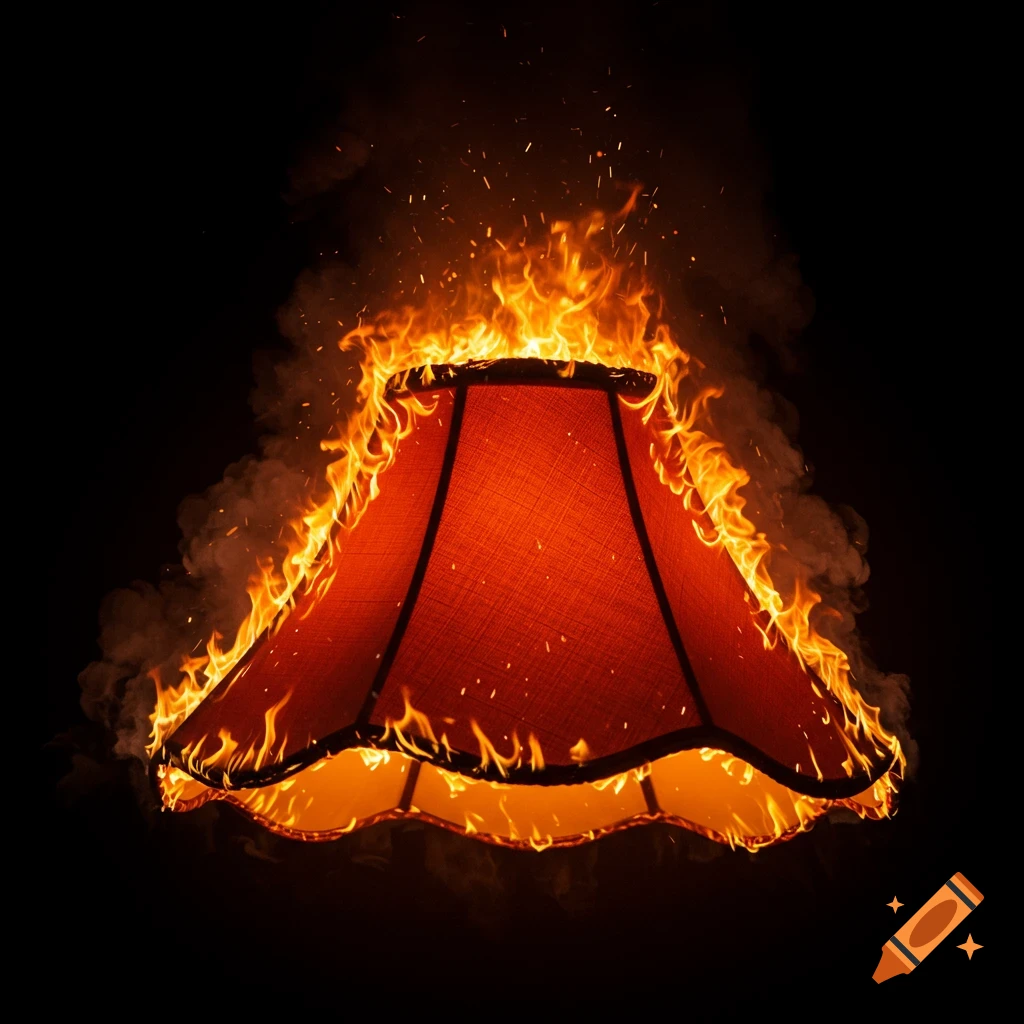 A lampshade is engulfed in flames and smoke against a black background, photorealistic style.