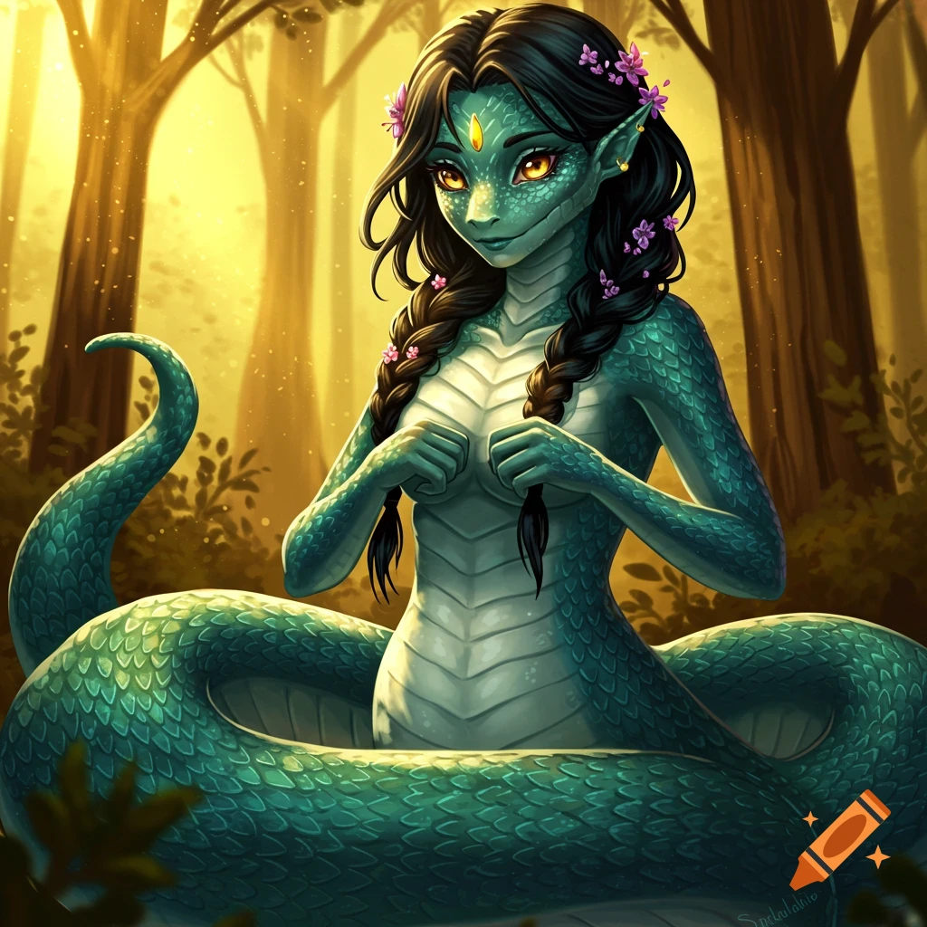 A fantasy illustration of a female snake person in a forest clearing.