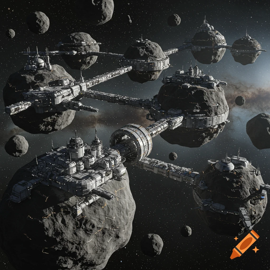 A large space station built on several connected asteroids in deep space.