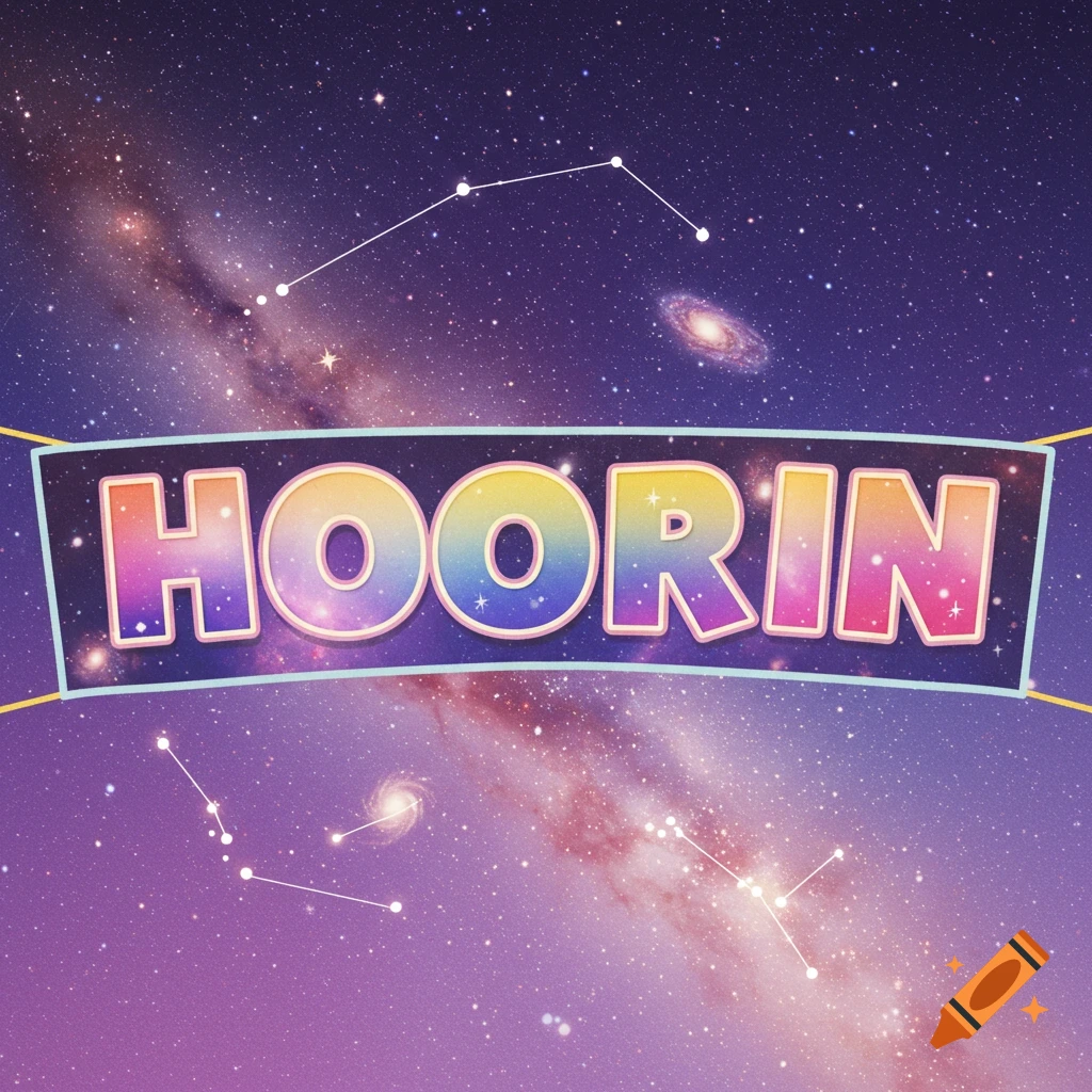 A colorful banner with the name HOORIN against a starry space background with constellations and galaxies.