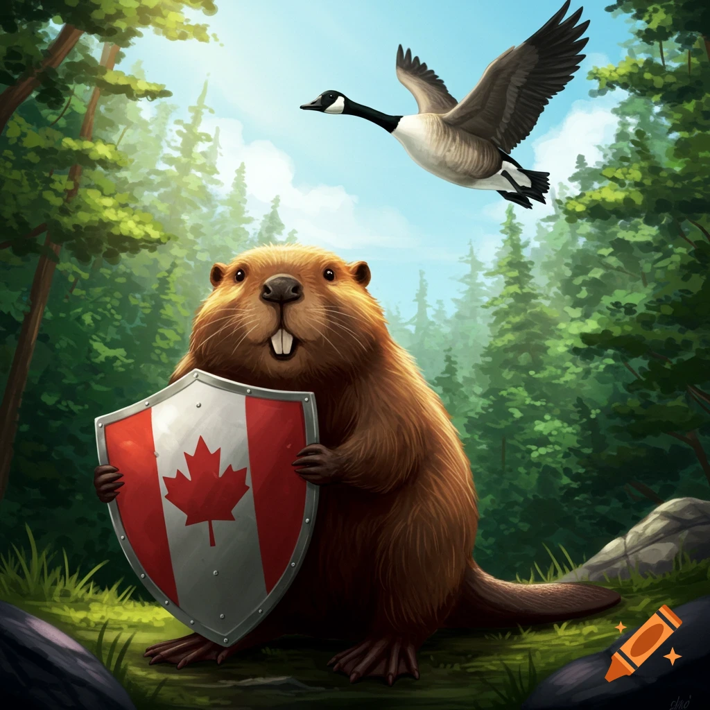Cartoon beaver holding a Canadian flag shield in a forest with a Canada goose flying overhead.