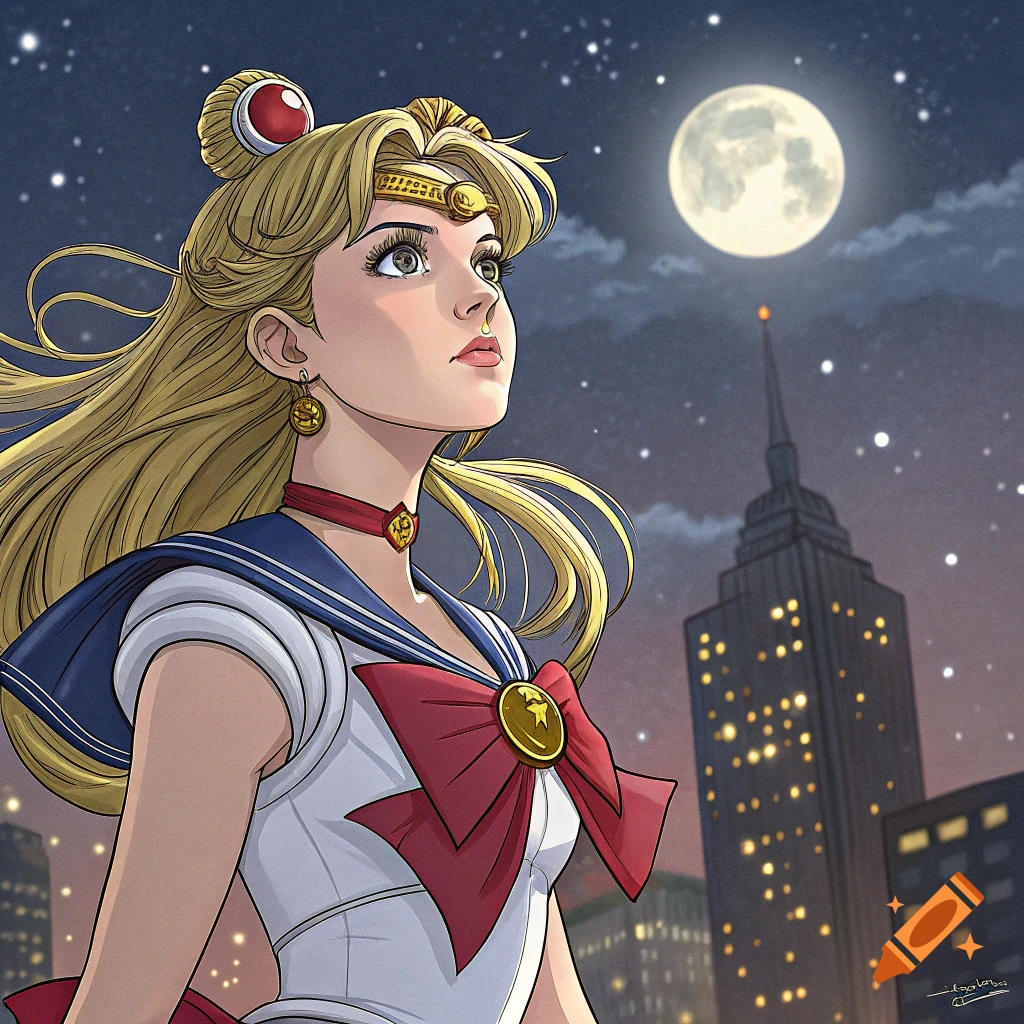 Illustration of a young woman in a Sailor Moon costume looking up at the moon over a city at night.