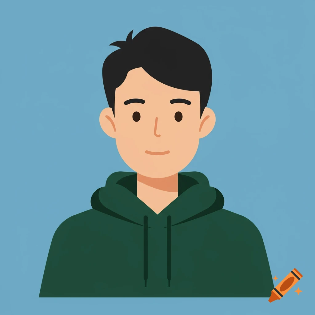 A minimalist illustration of a young man in a green hoodie against a blue background.