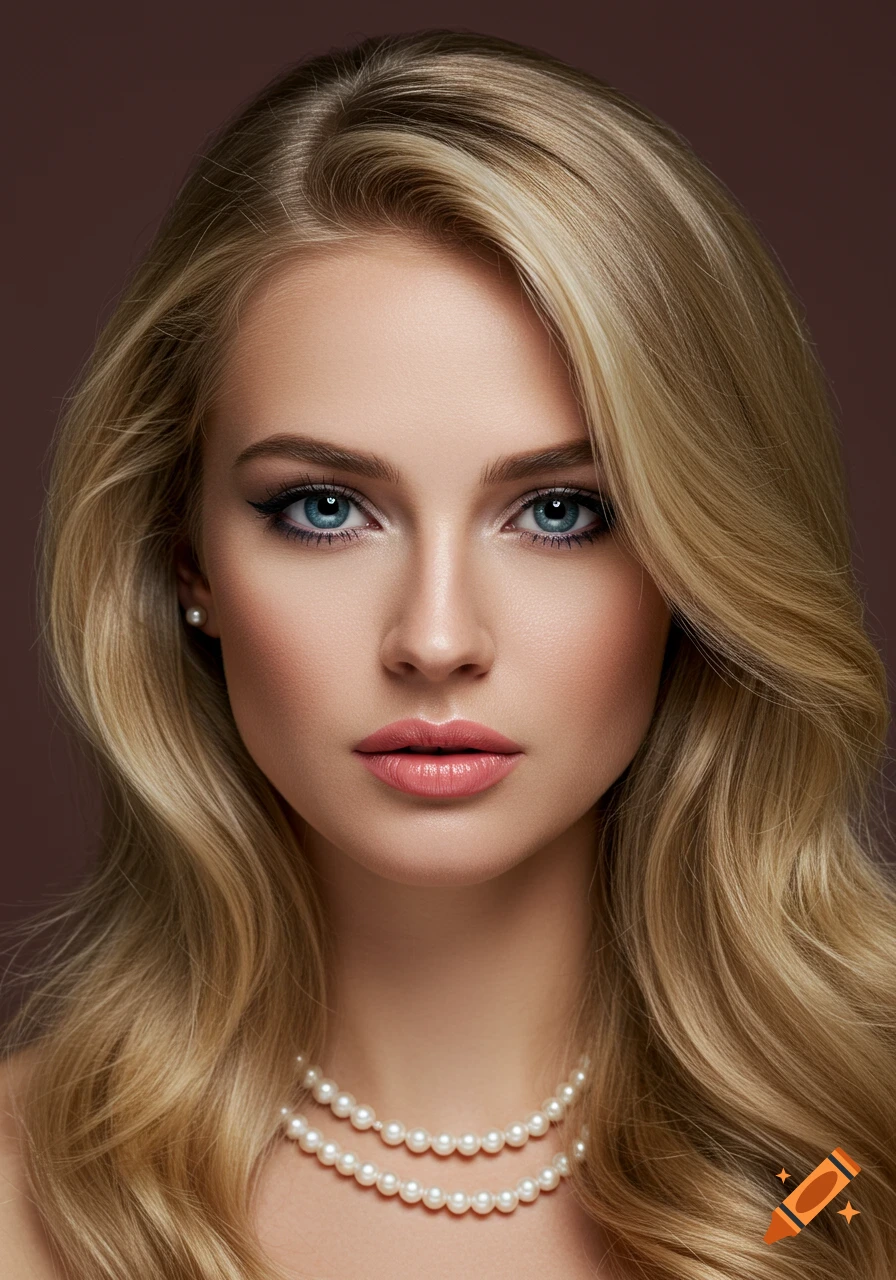 Close-up photorealistic portrait of a woman with blonde hair, blue eyes, and pearl necklace.