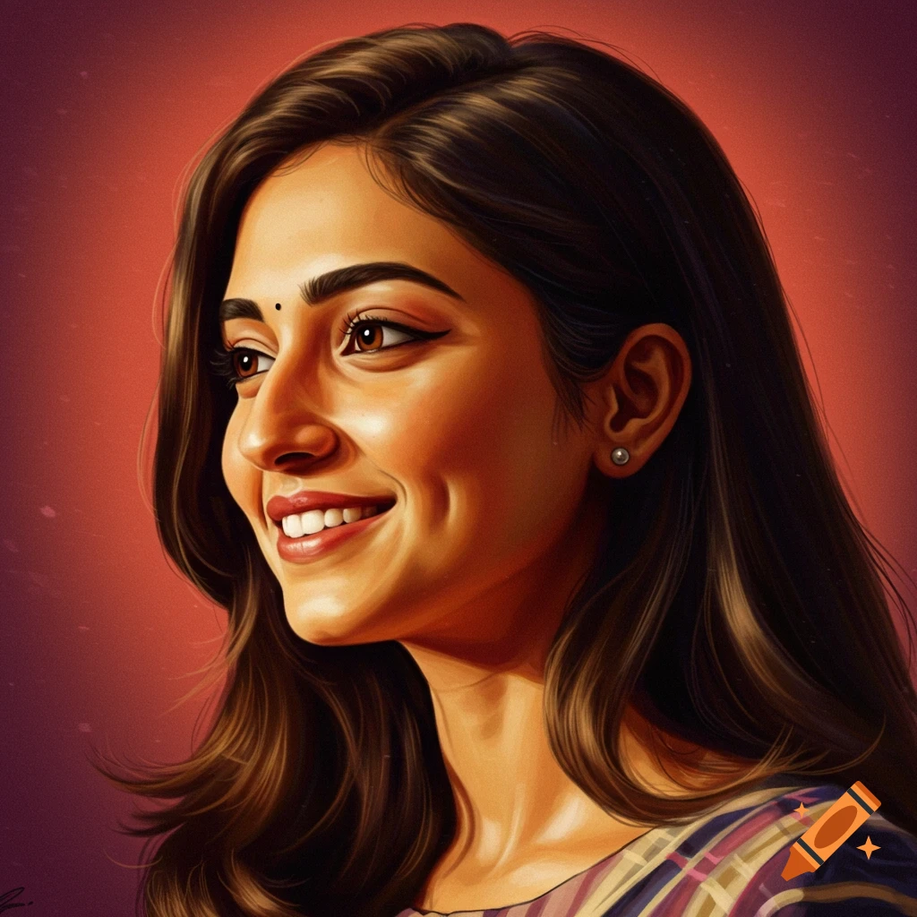 A close-up painterly portrait of a smiling woman with dimples and a bindi.