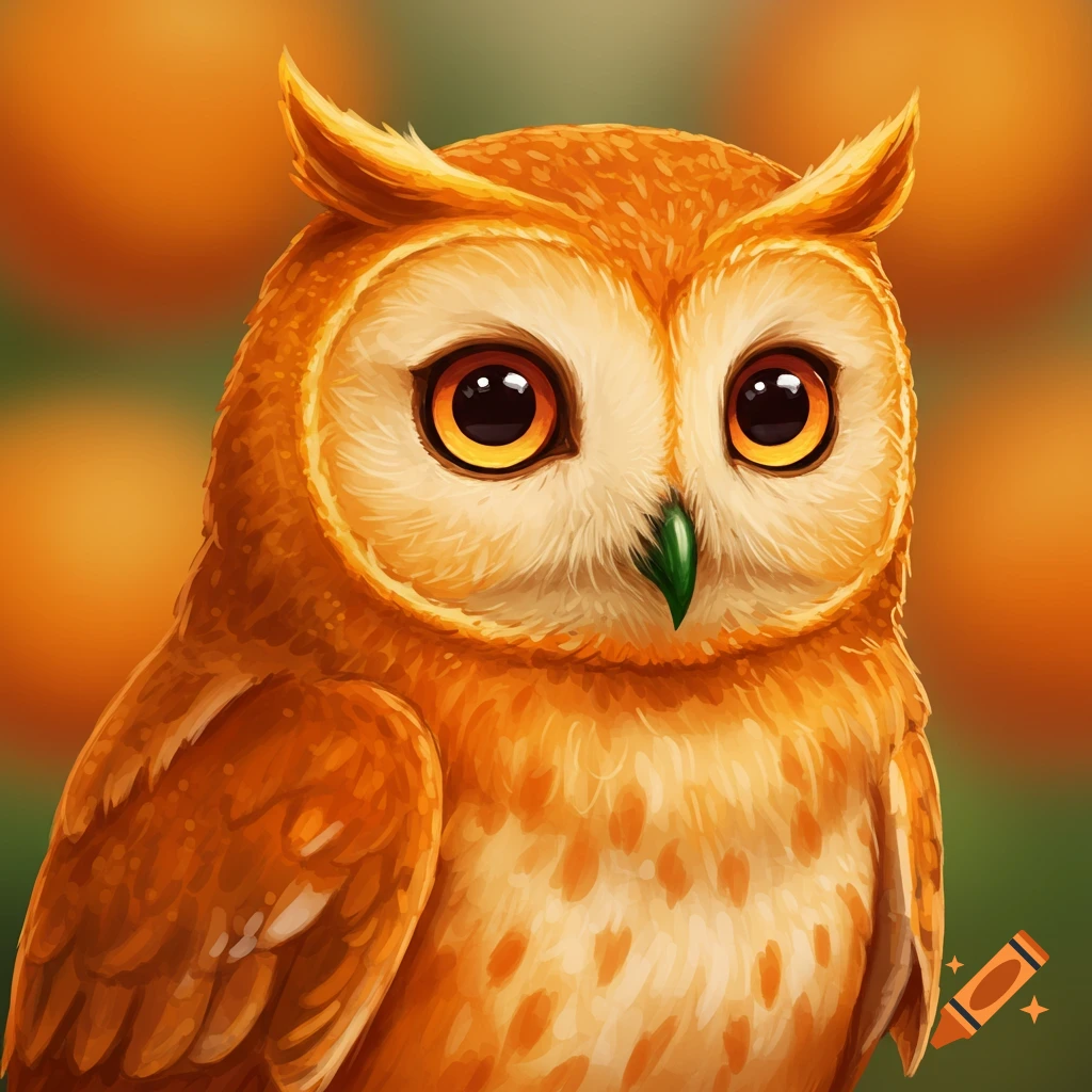 A close-up stylized illustration of an orange owl with large eyes.