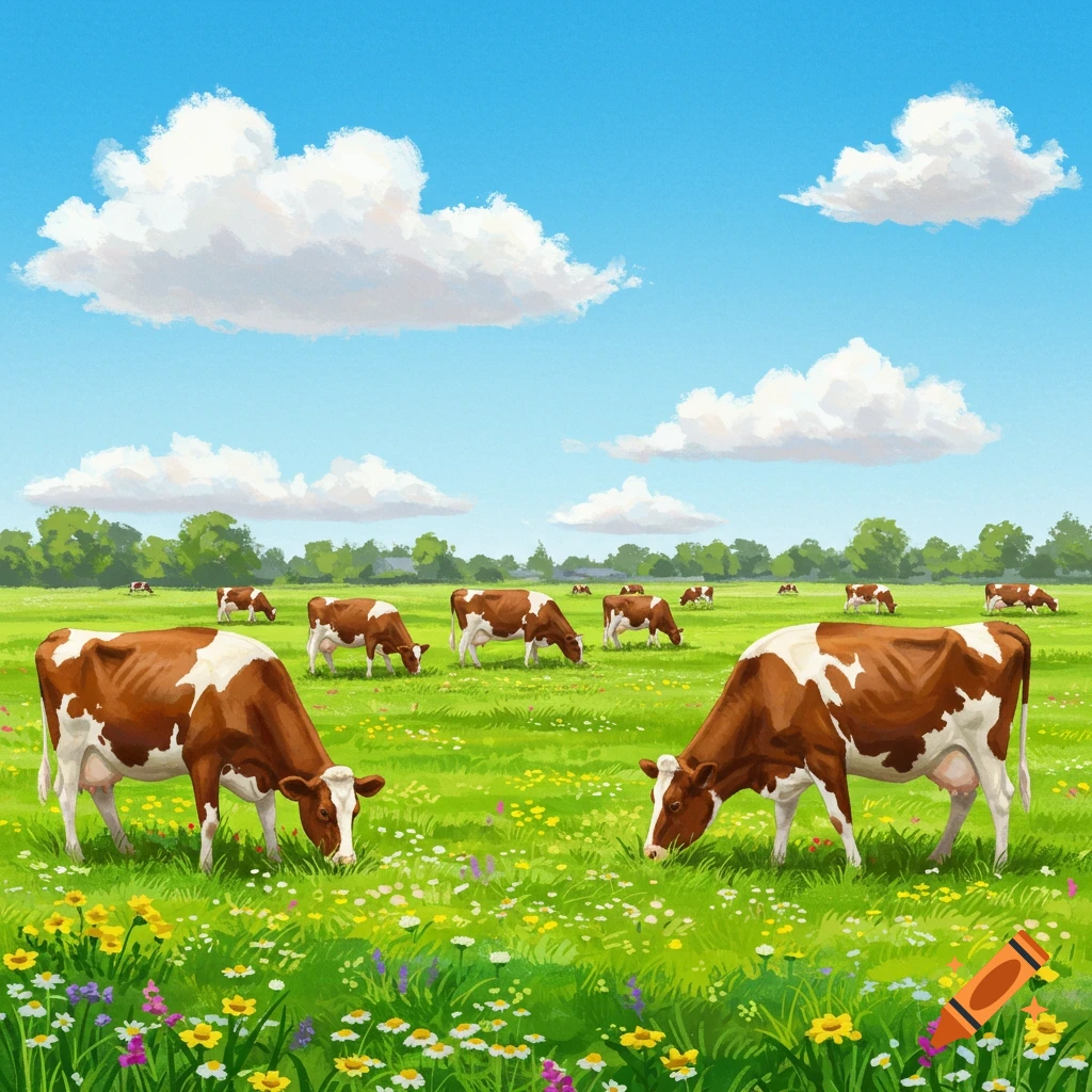 Brown and white cows graze in a spring pasture with wildflowers under a blue sky.