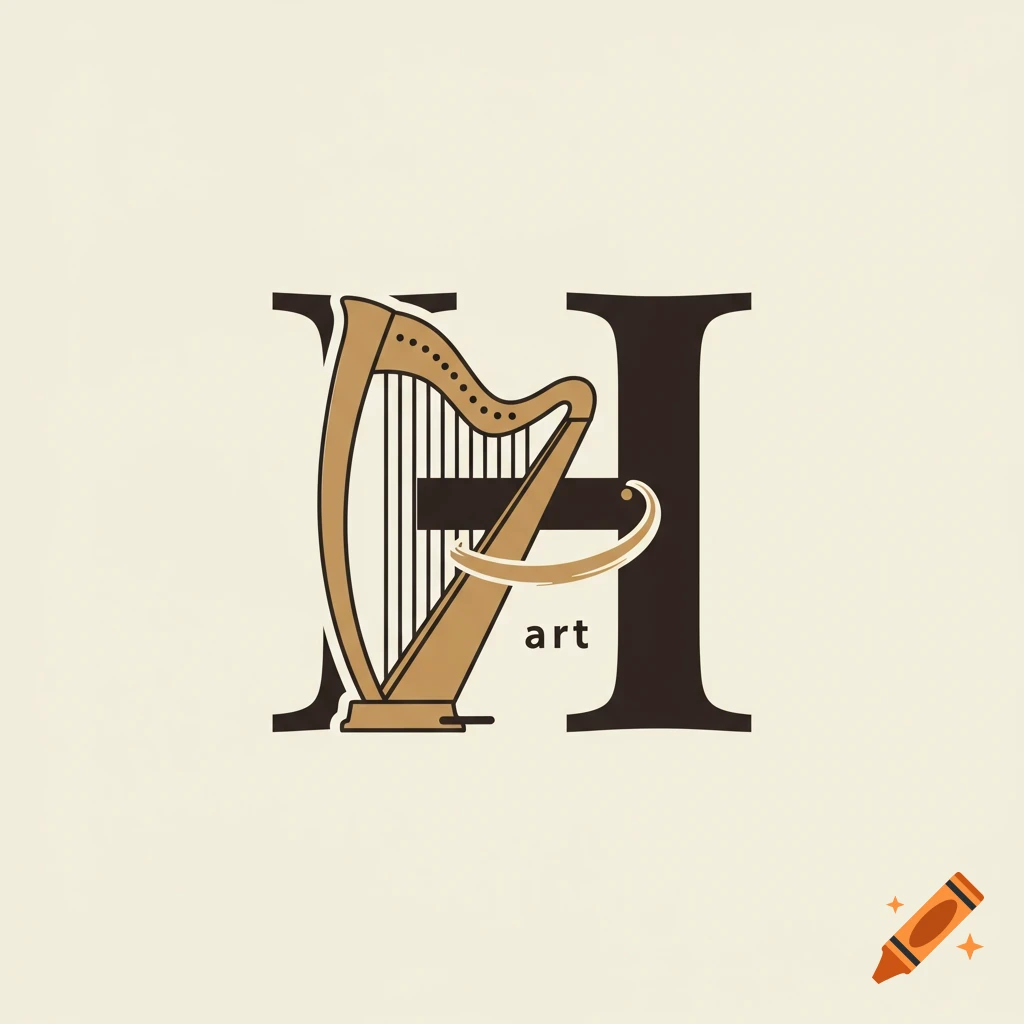 Logo design featuring a capital H combined with a harp and the word art.