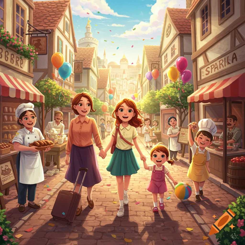 Illustrated family walking down a charming street in a town with shops, balloons, and confetti.