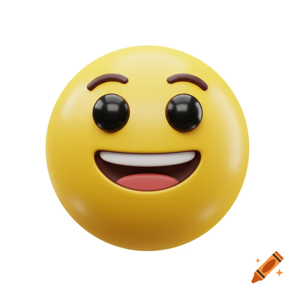 A 3D rendering of a yellow happy face emoji.