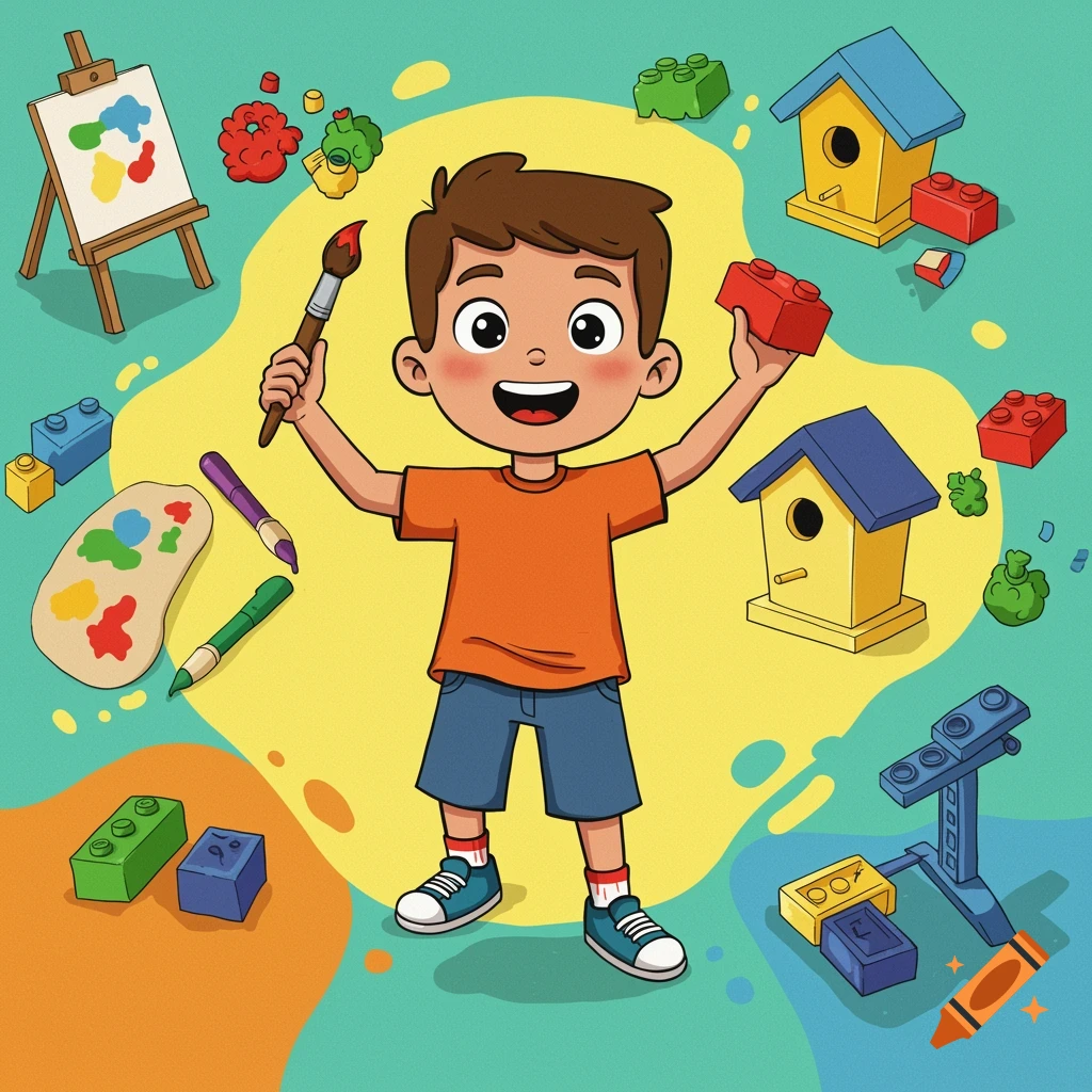 Cartoon illustration of a happy boy holding a paintbrush and red building block, surrounded by art supplies and toys.