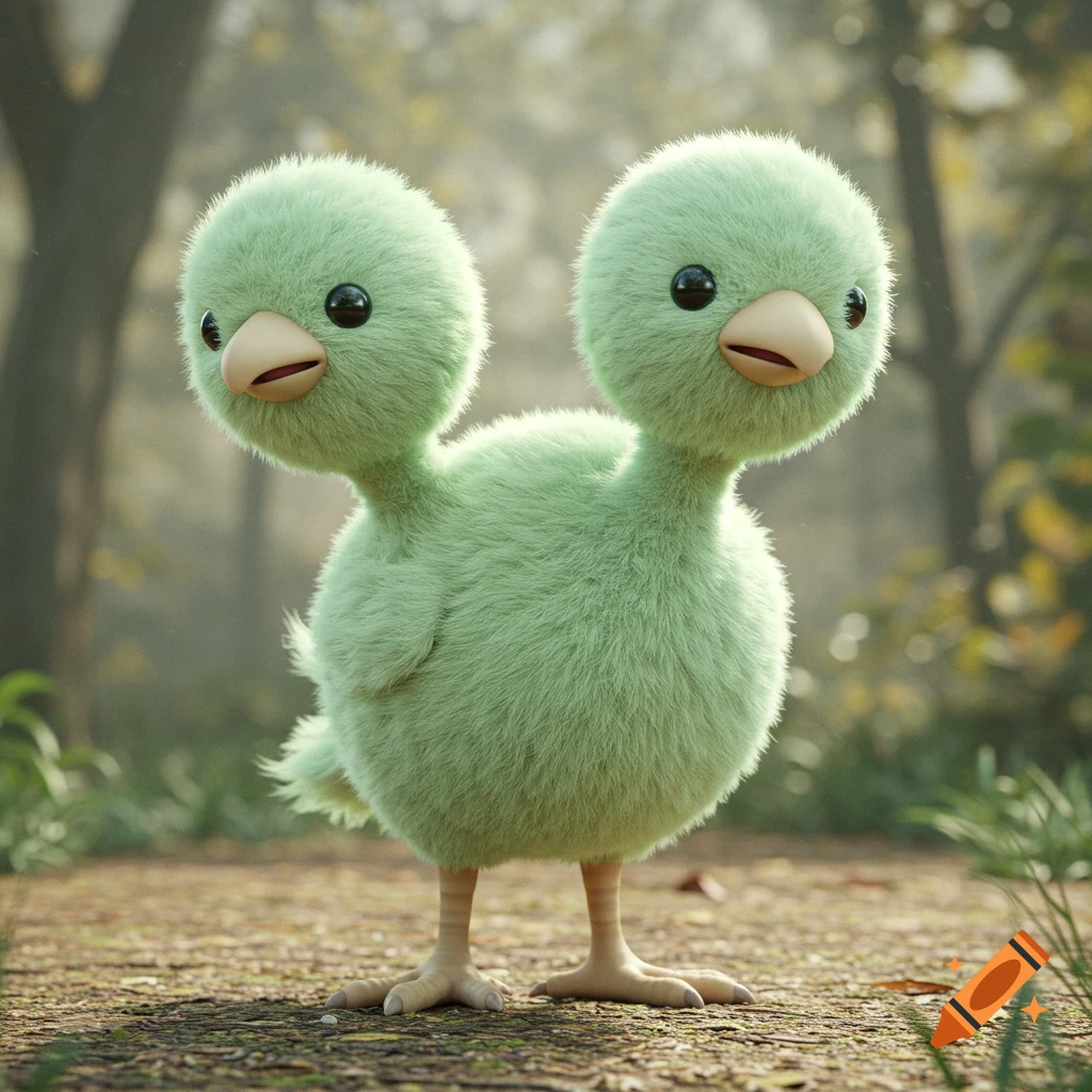 A fluffy, two-headed green bird-like creature stands on a path in a forest.