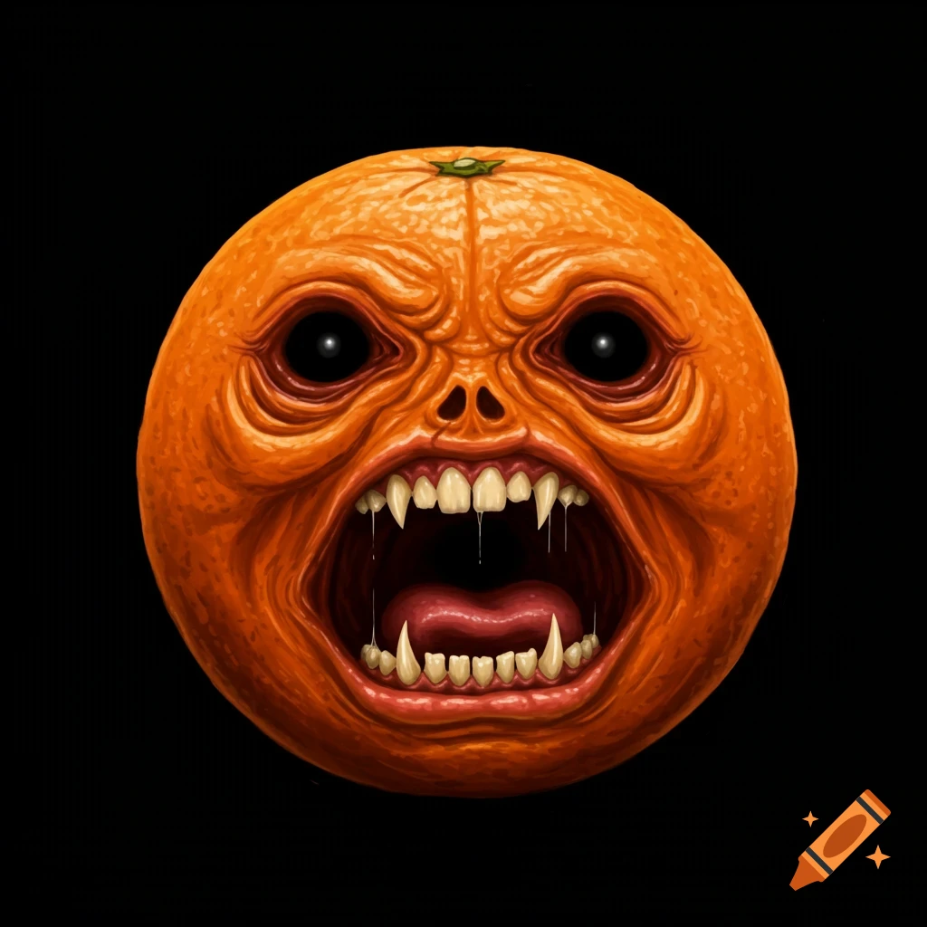 An orange with a scary, wrinkled face and sharp teeth against a black background.