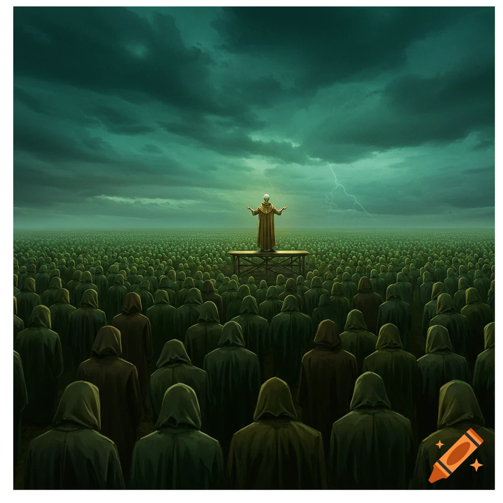 A robed figure addresses a vast crowd of cloaked figures under a stormy green sky with lightning.