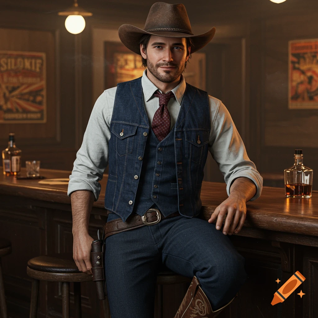 Realistic portrait of a man in a cowboy hat, denim vest, shirt, and tie, sitting at a bar.