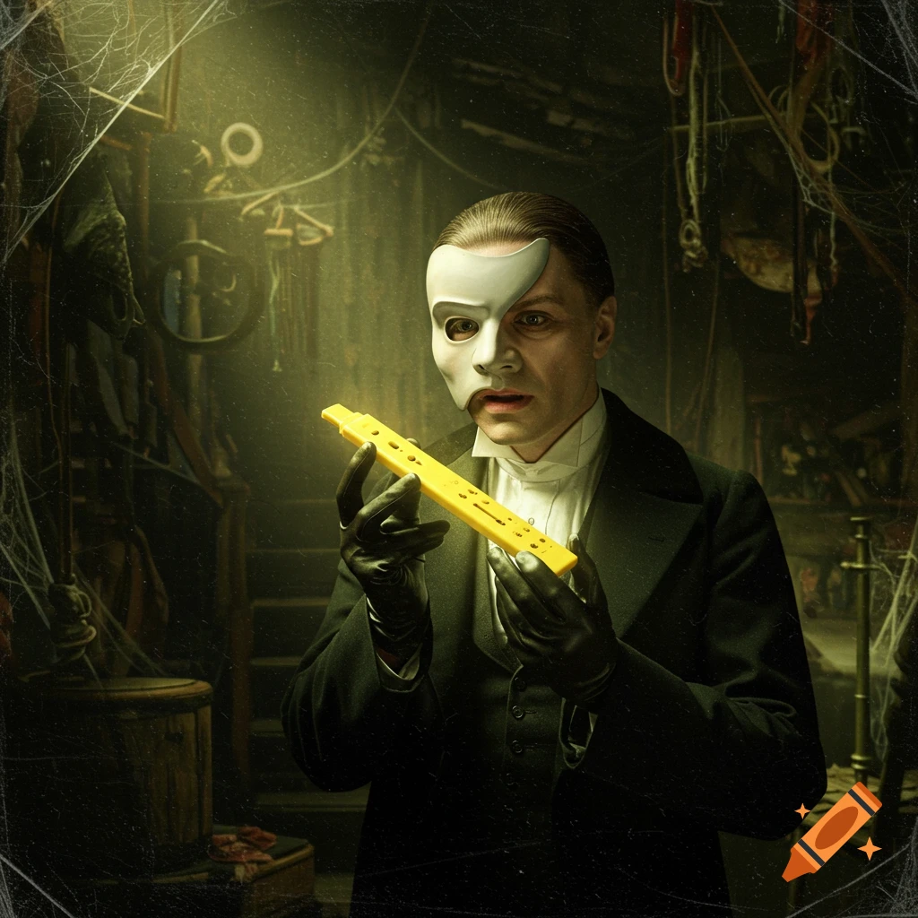 Phantom of the Opera looks at a strange yellow object in a dark, cluttered room, photorealistic painting style.