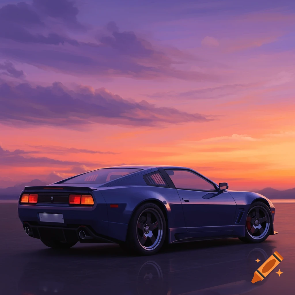 A blue sports car parked at sunset with dramatic clouds.