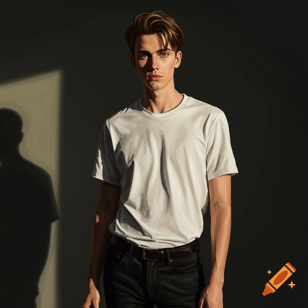 A young man in a white t-shirt and black jeans stands in dramatic light and shadow.