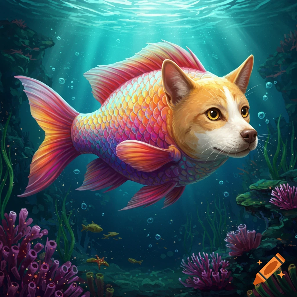 A fantasy creature resembling a fish with a dog's head swims in an underwater coral reef.