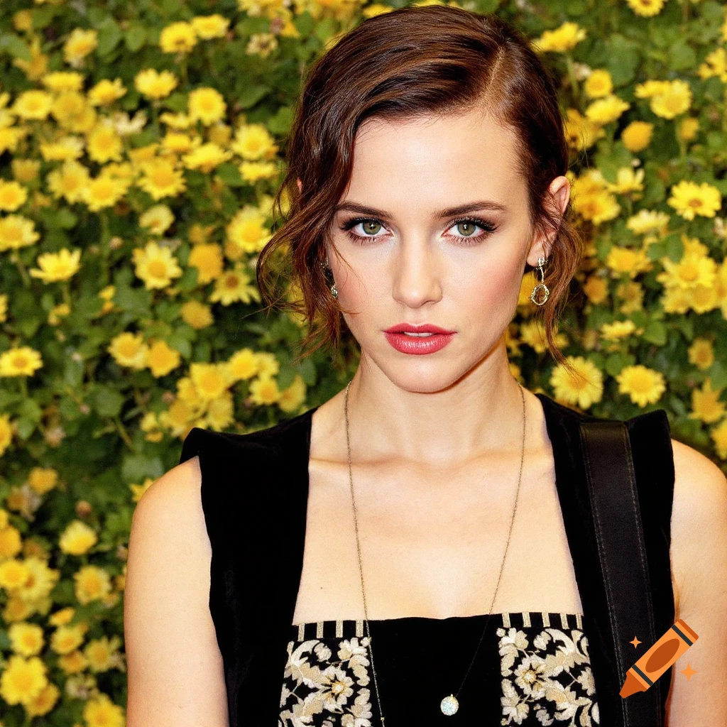 Portrait of a woman with short brown hair and red lipstick against yellow flowers, wearing a black and gold dress.