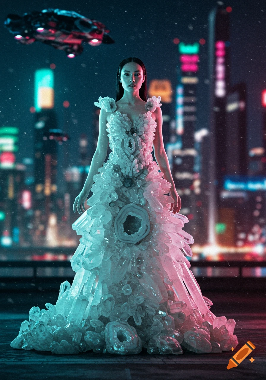 Futuristic woman in a dress made of crystals stands against a neon city background with a flying vehicle above.