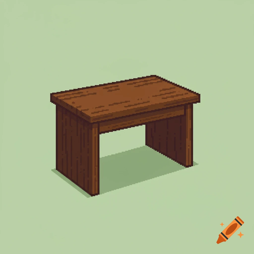 Pixel art rendering of a simple wooden desk on a green background.