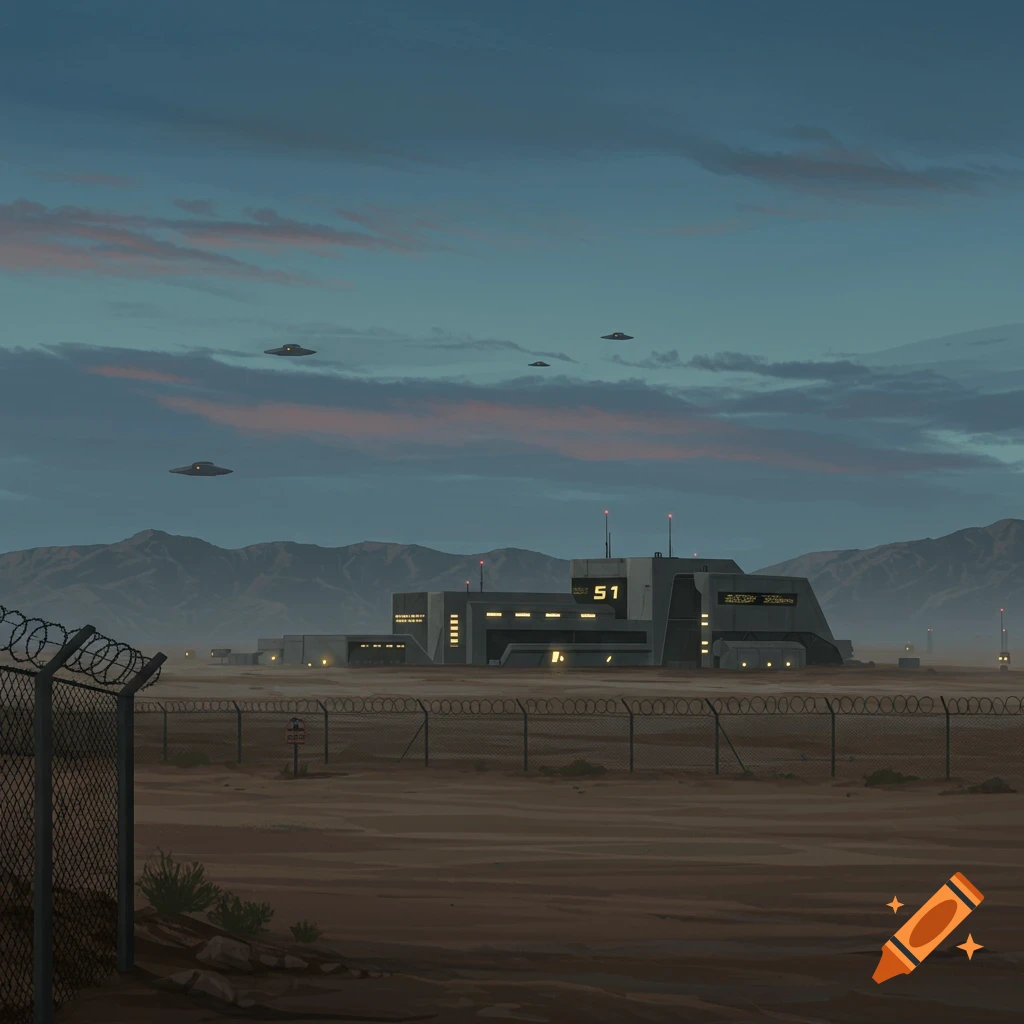 A mysterious base in a desert landscape at dusk with UFOs flying overhead.