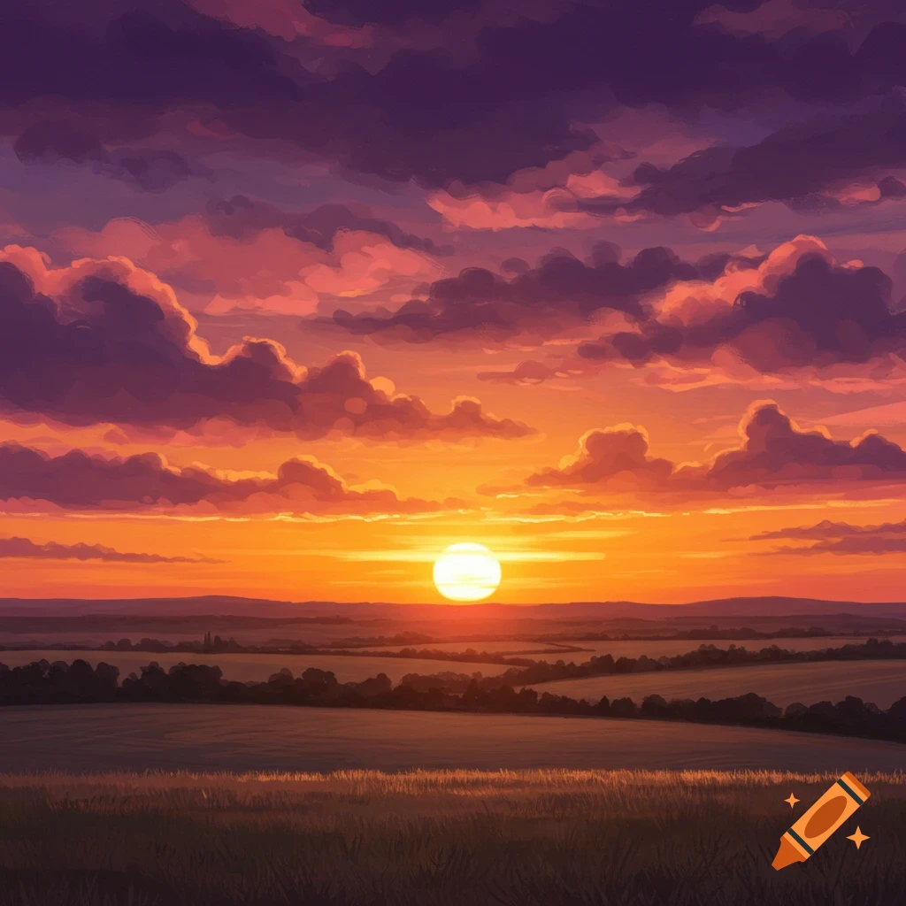 Illustrated sunset over fields and rolling hills.
