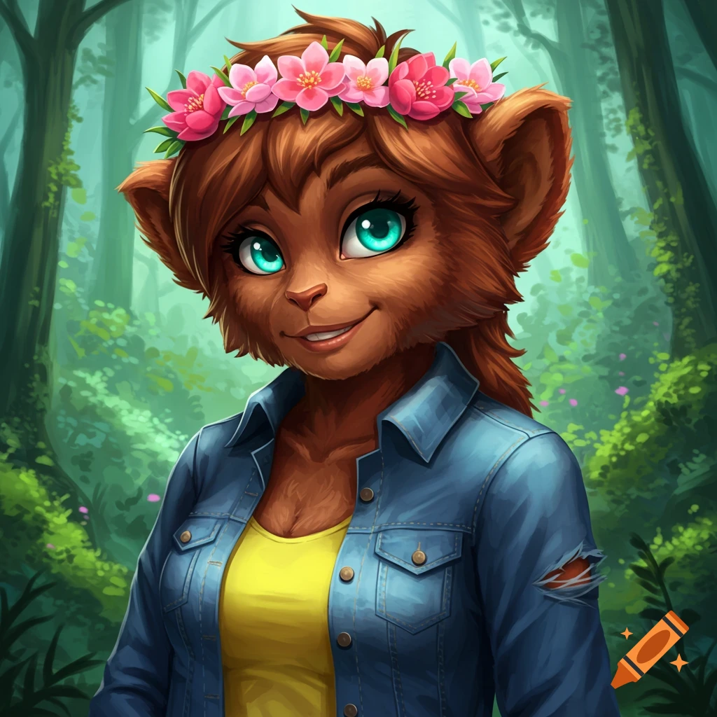 Anthropomorphic furry character with brown fur, large blue eyes, flower crown, denim jacket, and yellow shirt in a forest.