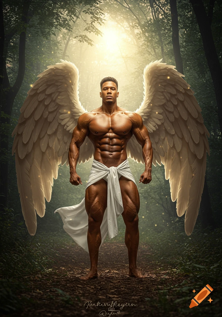 Muscular male angel with large wings stands in a sunlit forest clearing.