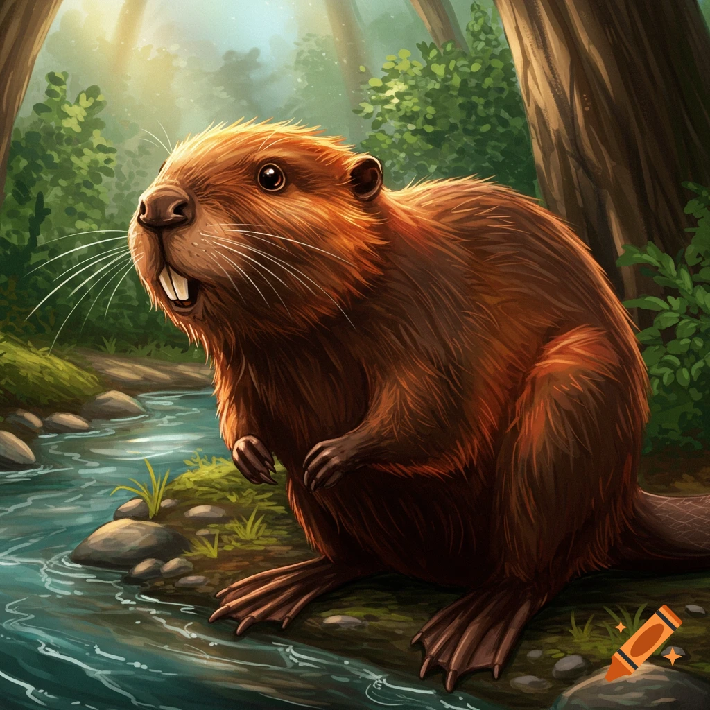 An illustrative image of a beaver sitting by a stream in a forest.