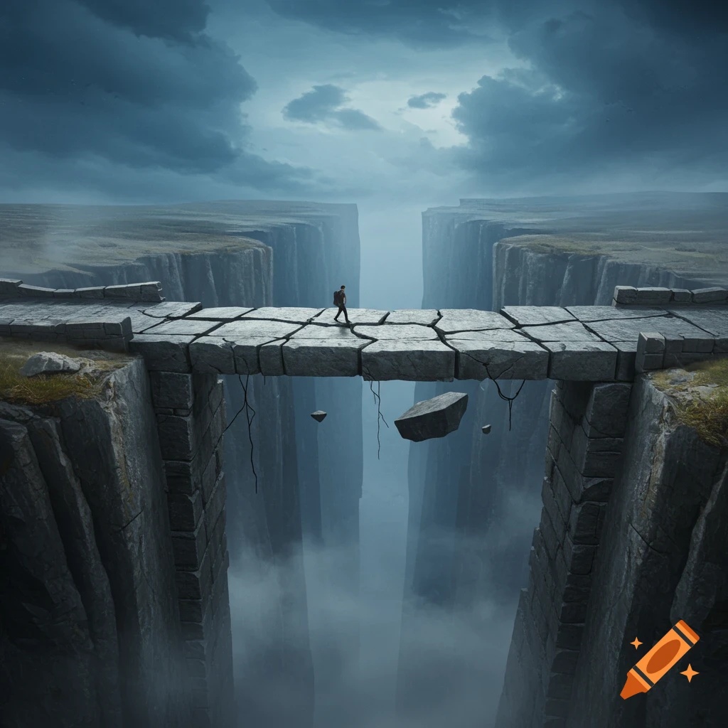 A person walks across a broken stone bridge spanning a deep, misty canyon under a dramatic cloudy sky.