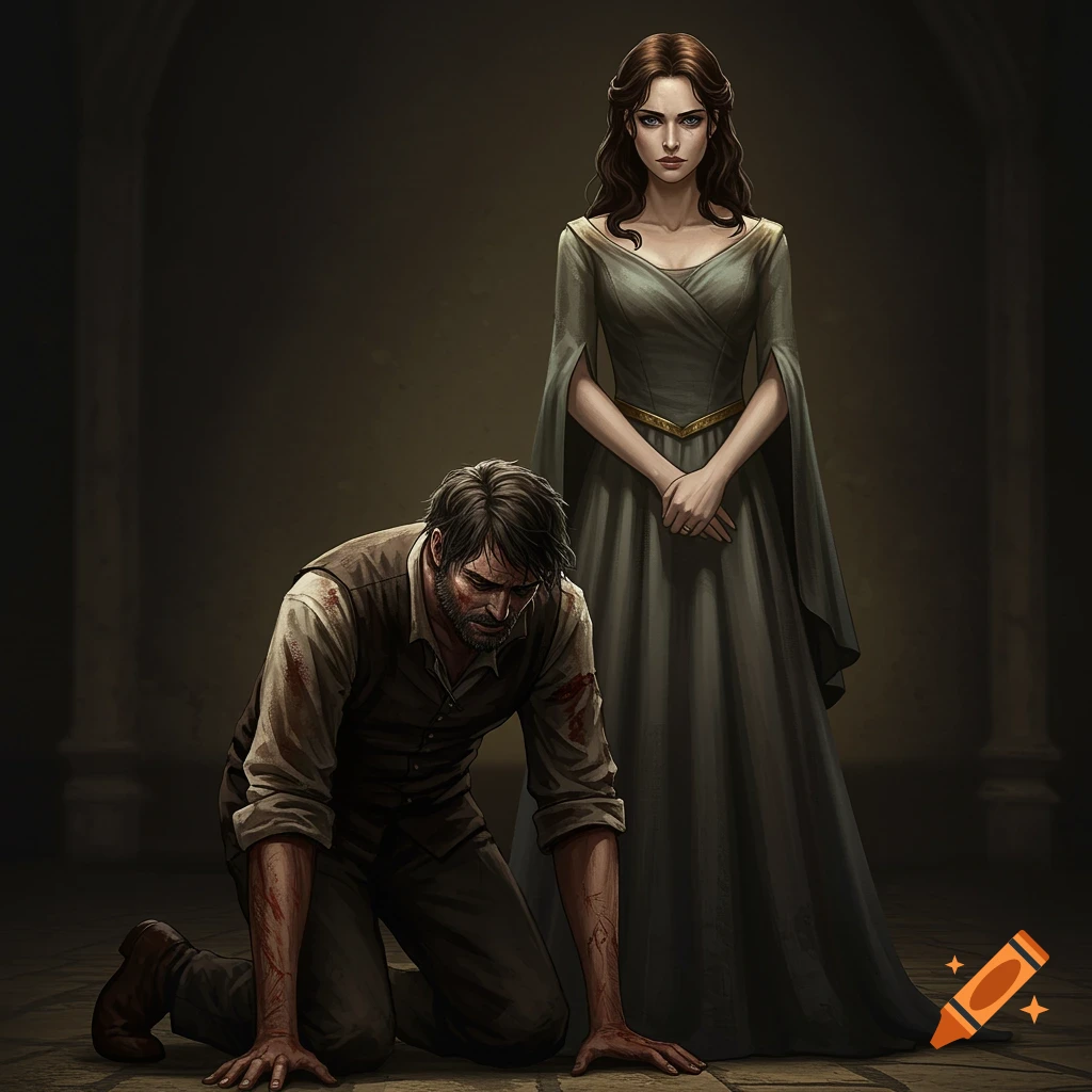 A man kneels bleeding on the floor before a woman standing above him in a dress.