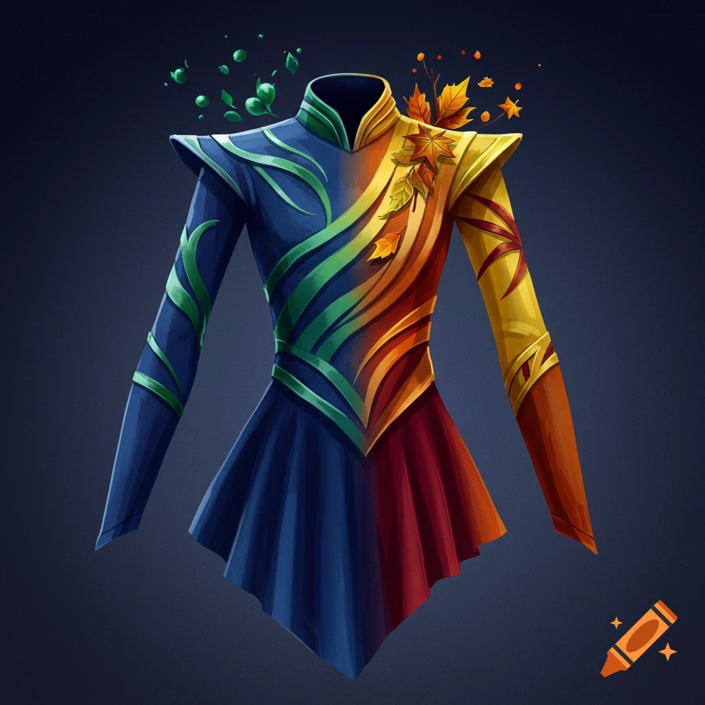 Stylized uniform design representing the four seasons, split into spring/summer and autumn colors.