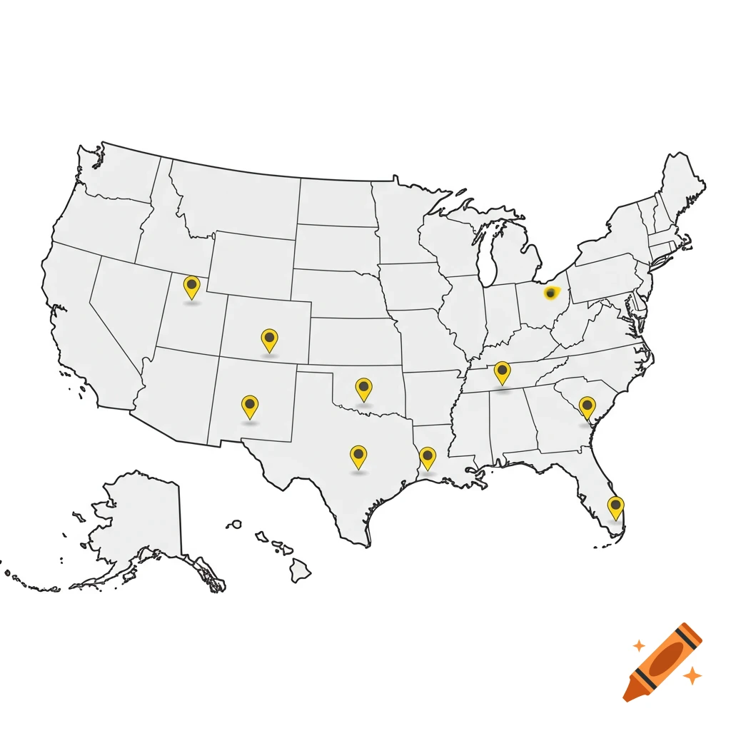White map of the USA with several yellow location pins.
