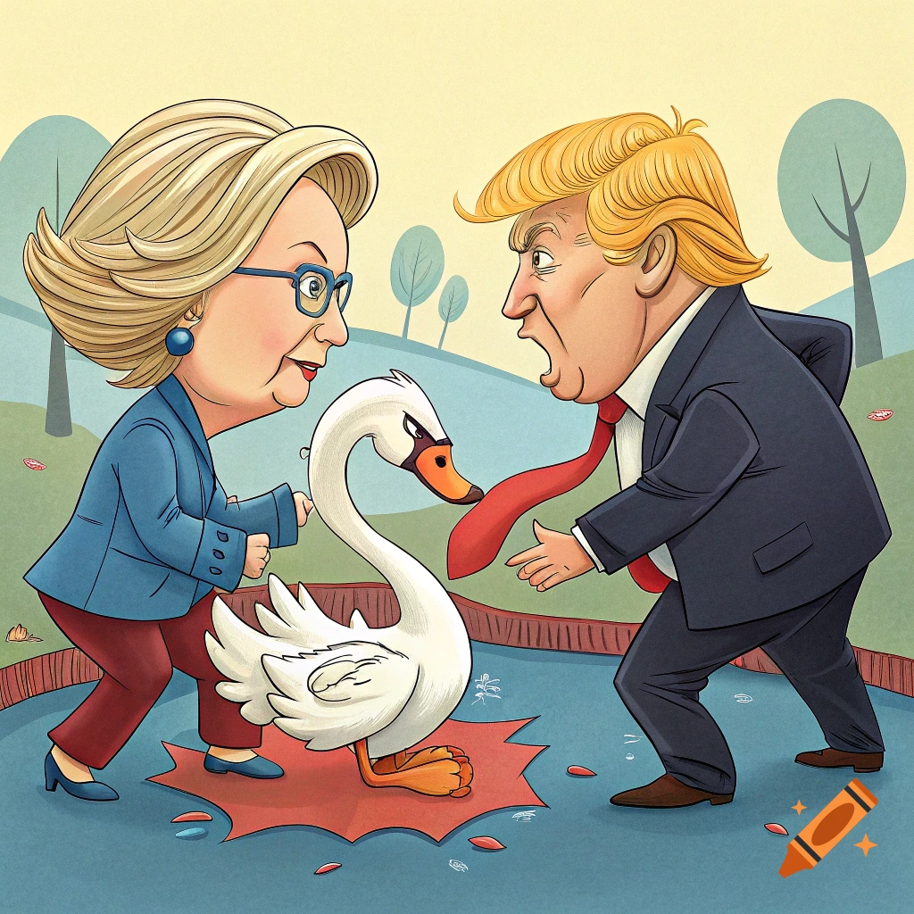 Cartoon caricature of Hillary Clinton and Donald Trump fighting over a dead swan in a park.
