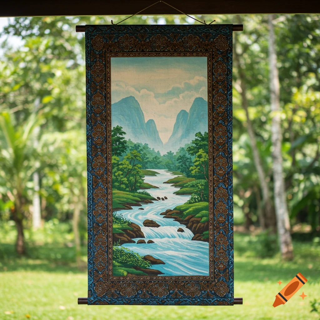 A hanging scroll painting of a river landscape with mountains and trees, framed by a patterned batik border.