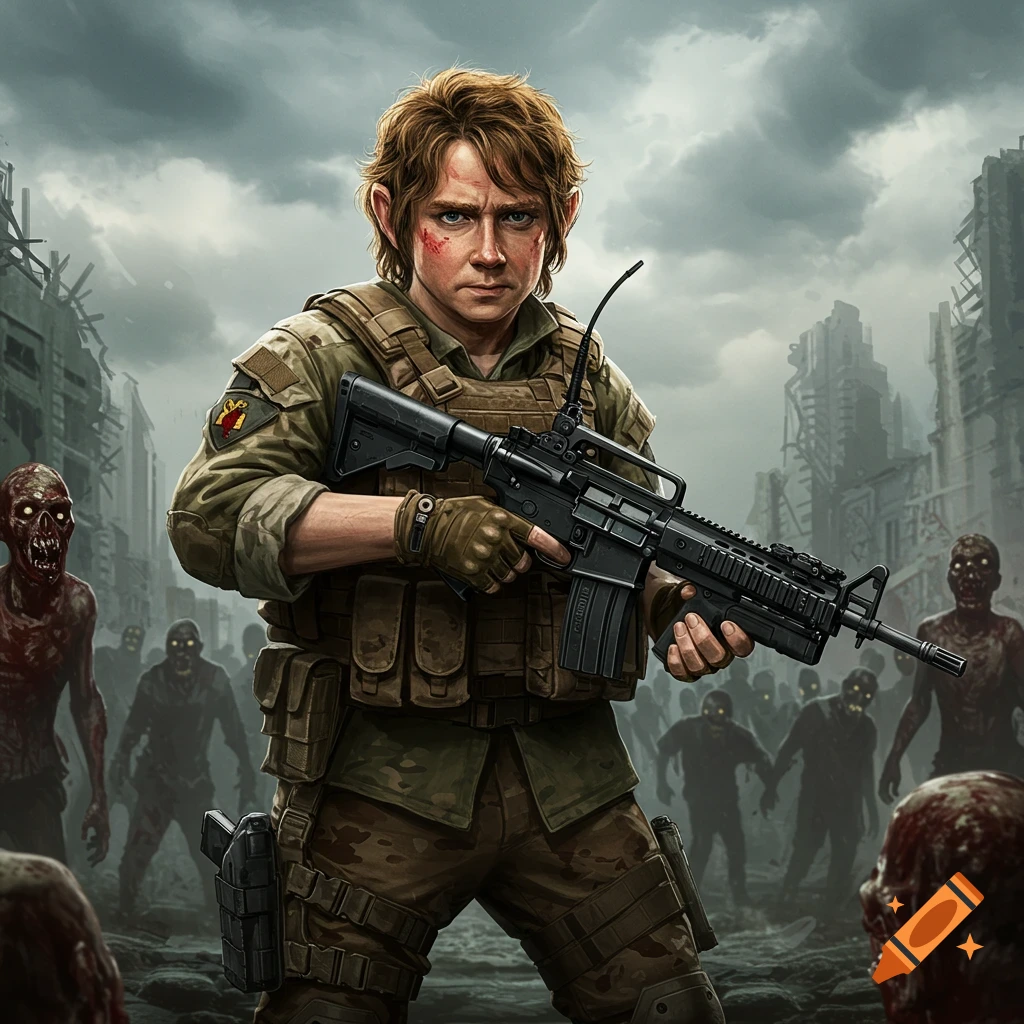 Illustration of a soldier fighting a horde of zombies in a ruined city.