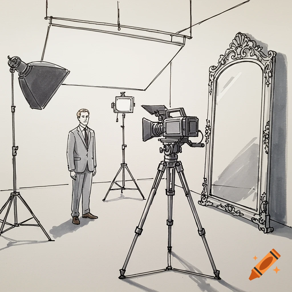 Sketch of a man in a suit standing in a studio with camera, lights, and mirror.