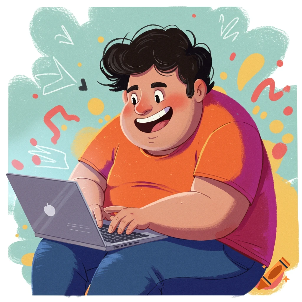 Cartoon illustration of a person with black hair smiling while using a laptop.