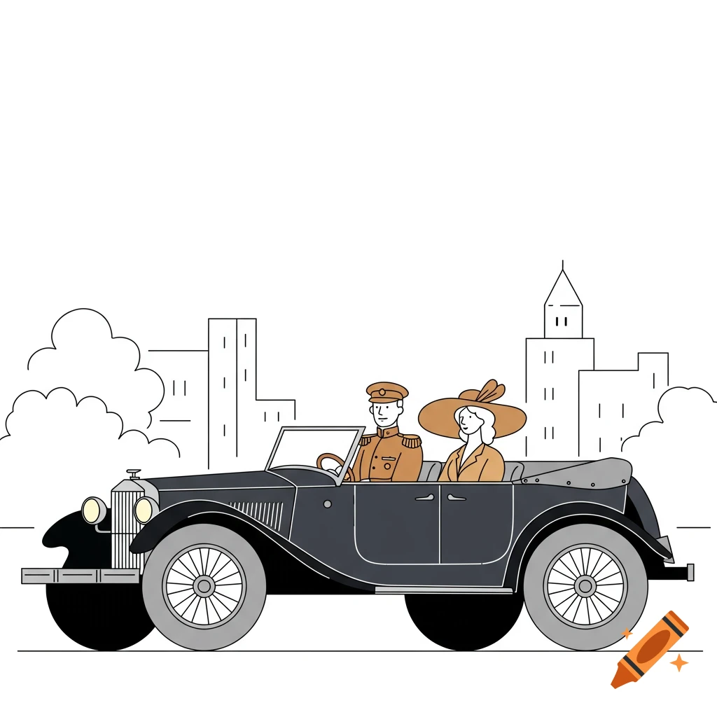 Minimalist line art illustration of a couple in a vintage convertible driving through a city.