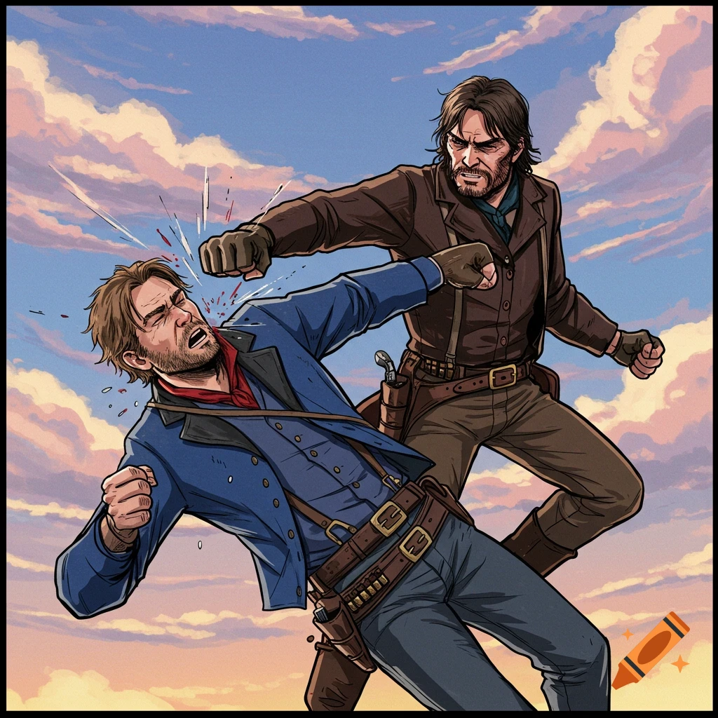 Cartoon illustration of two men fighting, one punching the other in the face, against a cloudy sky.