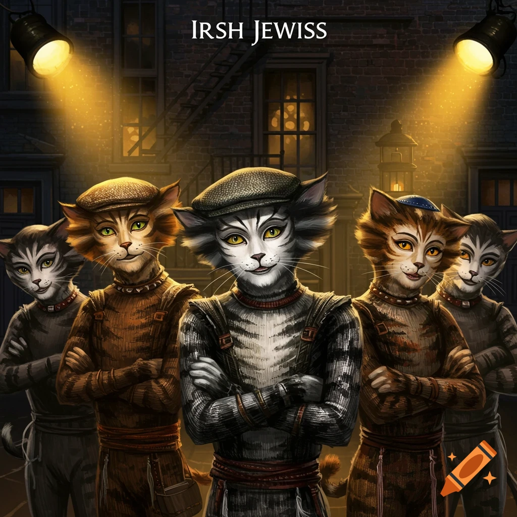 Five anthropomorphic cats in theatrical costumes under spotlights in a city scene.