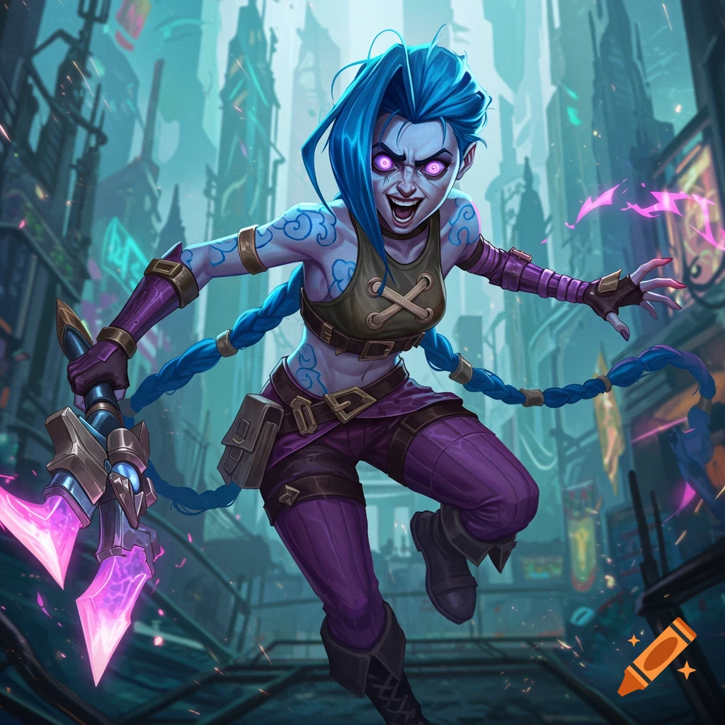 Character resembling Jinx from Arcane running in a futuristic city, holding a glowing weapon. Digital art.