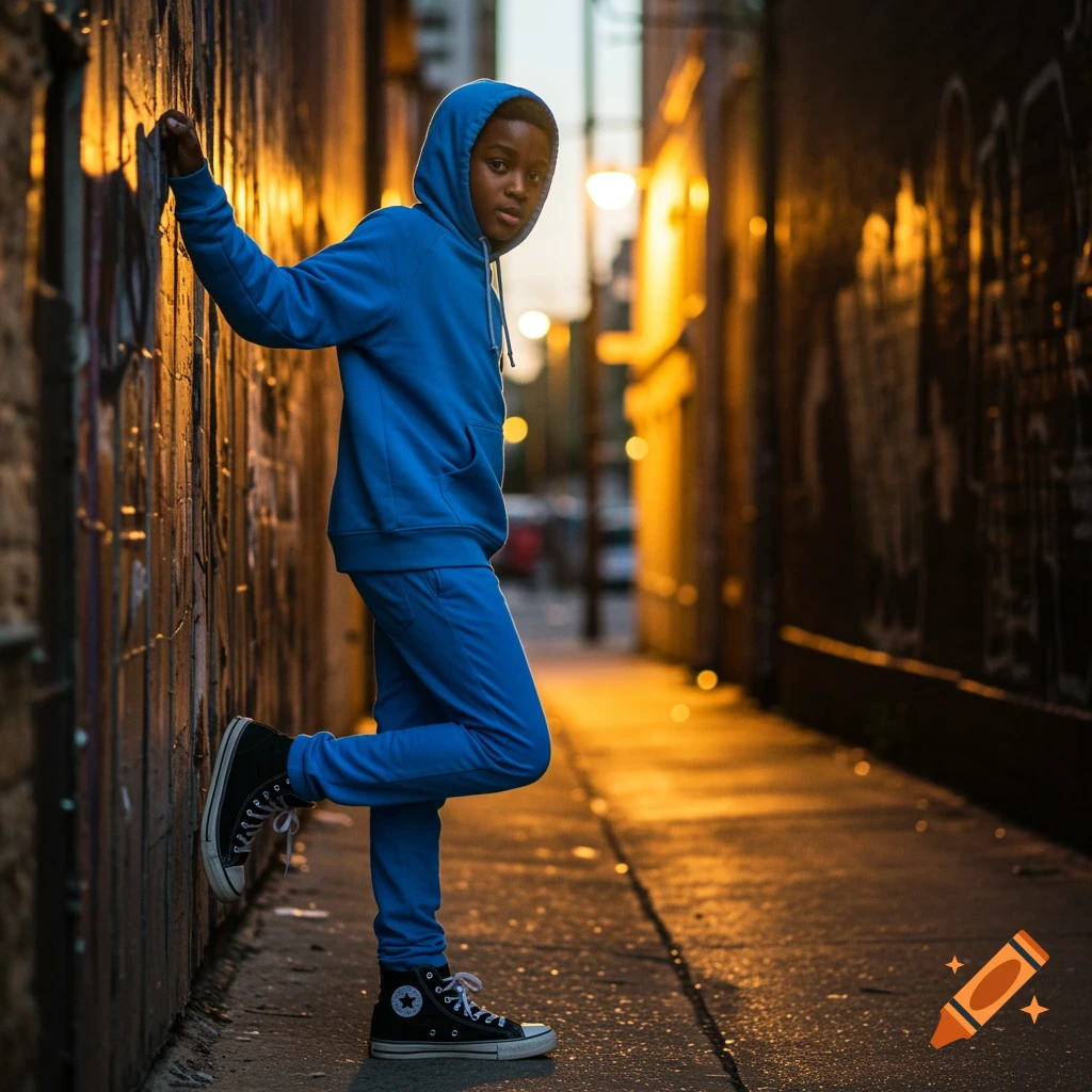 A young Black boy in a blue hoodie leans against a graffiti-covered wall in an urban alley, lit by warm streetlights.