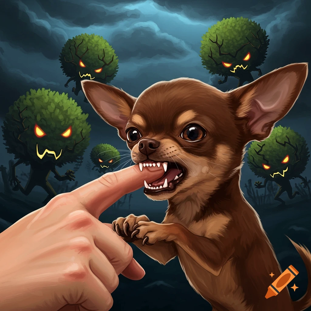 Illustration of a chihuahua biting a finger with glowing-eyed monster trees in the background.