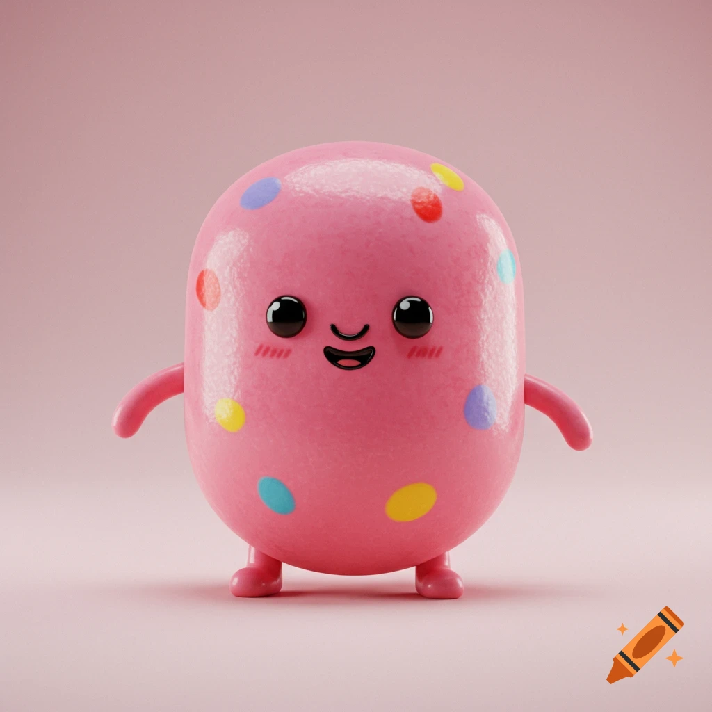 3D rendering of a cute pink jelly bean character with rainbow spots, arms, legs, and face on a pink background.