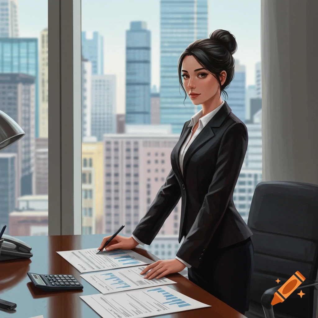 A woman in a suit works on papers at a desk in an office overlooking a city.