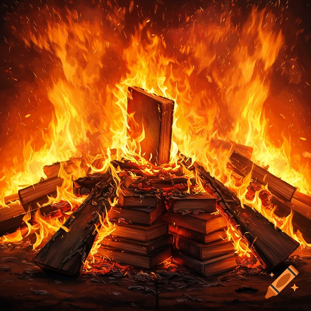 Pile of books burning in a large fire with one book standing upright